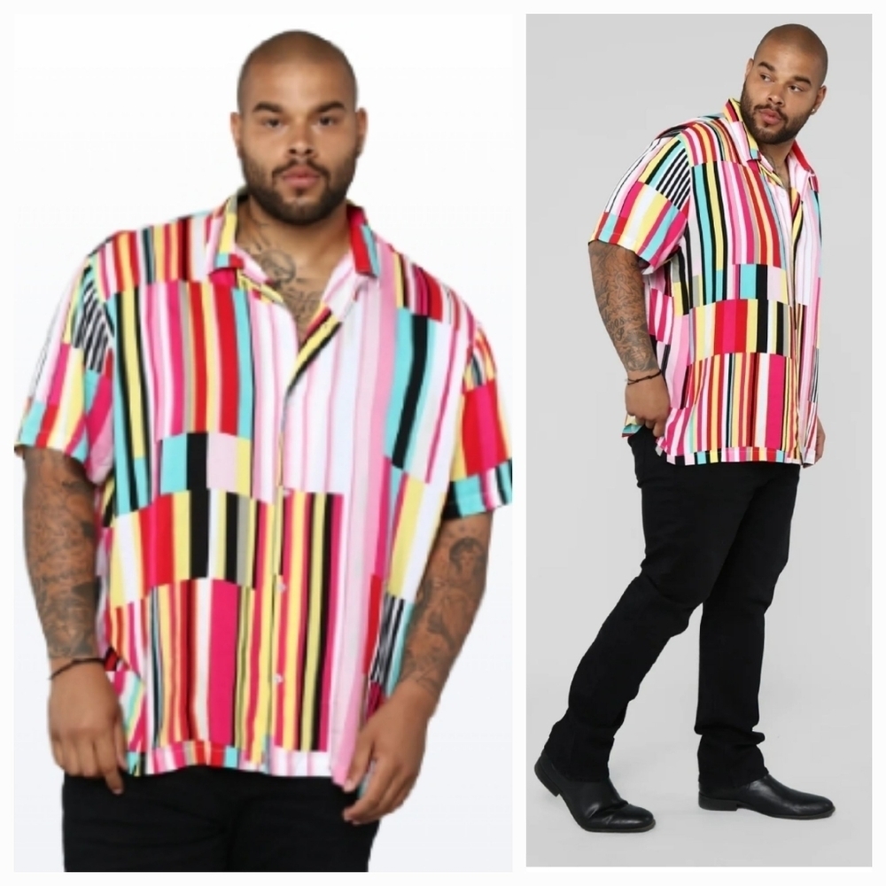Fashion Nova MEN Striped Vision Short Sleeve Woven Top Size XXXL